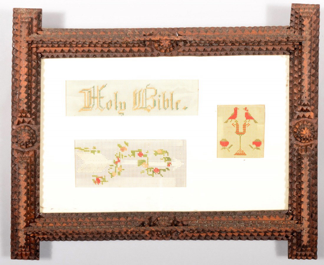 Tramp Art Style Picture Frame with Needlepoint Exe: Tramp Art Style Picture Frame with Needlepoint Exercises. "Holy Bible" , vine entwined arrow and a bird tree on perforated paper in a three window matte, surrounded by four and five layer chip carved 