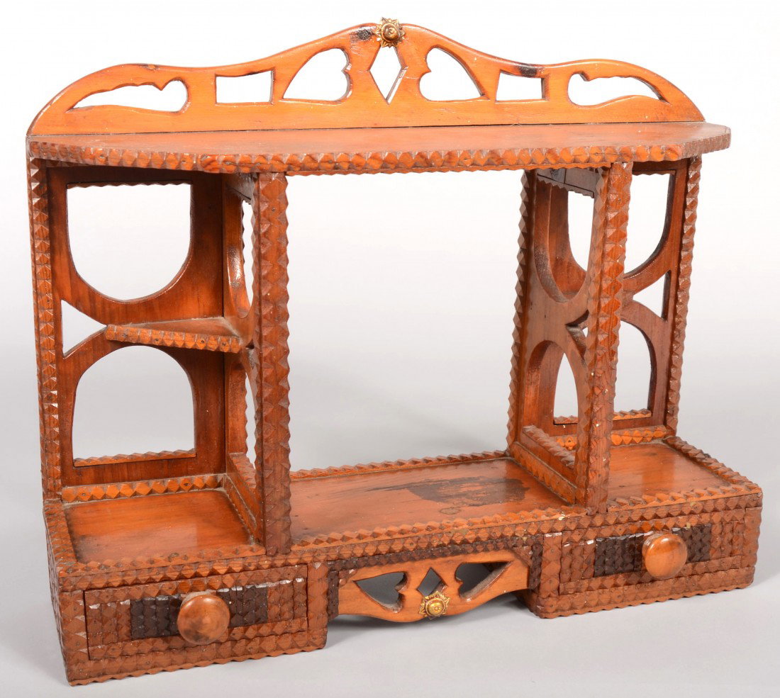 Tramp Art Dresser Top Shelf Unit with Drawers. Pie: Tramp Art Dresser Top Shelf Unit with Drawers. Pierced backboard of many shapes including: hearts, rectangles, diamonds, demilune and triangles. Chip carved strips border the upper structure and decor