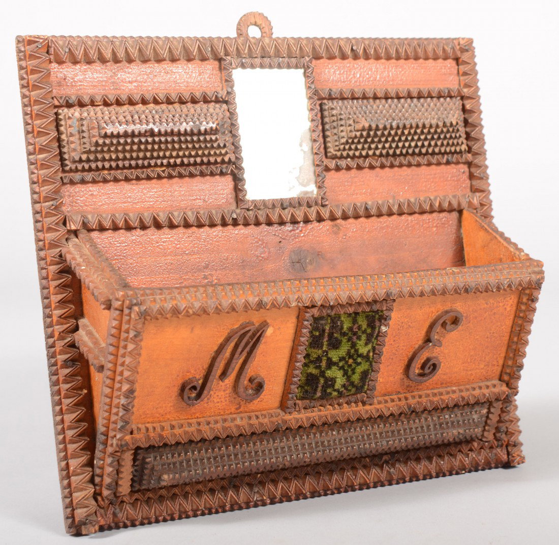 Square Tramp Art Style Wall Pocket. Zig zag strips: Square Tramp Art Style Wall Pocket. Zig zag strips with top edge incised frame a mirror fragment, two flanking pyramids, cant front pocket with pin cushion and initials: "M. E." 9 3/4"h. X 10 1/2"w. C