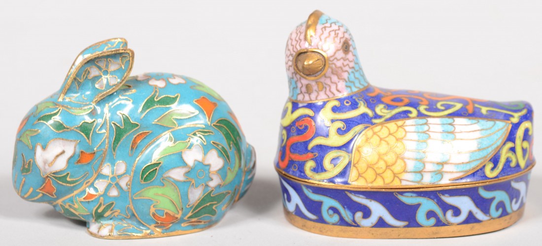 Two Pieces Decorative Cloisonné' Animals. A hen on: Two Pieces Decorative Cloisonné' Animals. A hen on nest box. 3 1/4"l. Along with a rabbit. 3"l. Condition: Both Good.