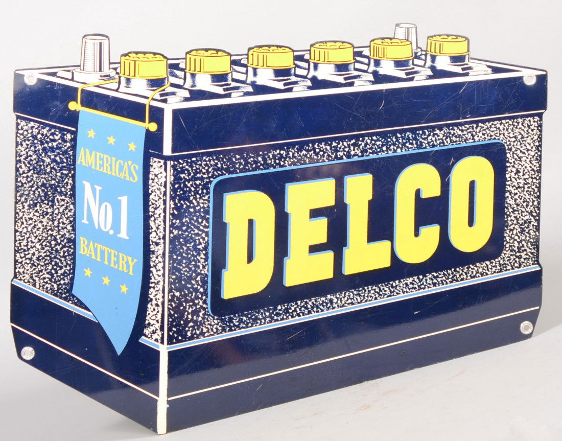 Screen Printed Sheet Steel DELCO BATTERY Hanging S: Screen Printed Sheet Steel DELCO BATTERY Hanging Sign. Light and Dark blue, yellow and white image of a battery with "America's No.1 Battery." Same on both sides. 17 3/4"h. X 24"w. Condition: Good.