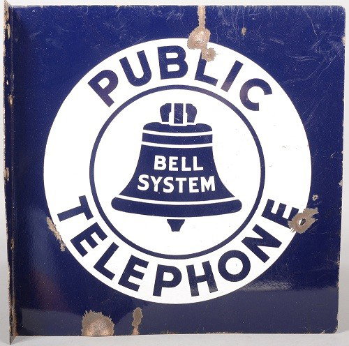 Blue and White Enameled PUBLIC TELEPHONE Sheet Iro: Blue and White Enameled PUBLIC TELEPHONE Sheet Iron Sign. Flange mounted sign of two white concentric circles with title in outer ring and "Bell System" on a blue bell in center. 18"h. X 18"w. Conditi