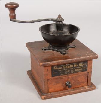 Wooden Box Coffee Grinder with Cast Iron Mill. Ope: Wooden Box Coffee Grinder with Cast Iron Mill. Open receiver cup with grinder cover marked: "Patd. July 20, '86." with serpentine crank handle and turned wood knob. Original drawer has iron knob. Pape