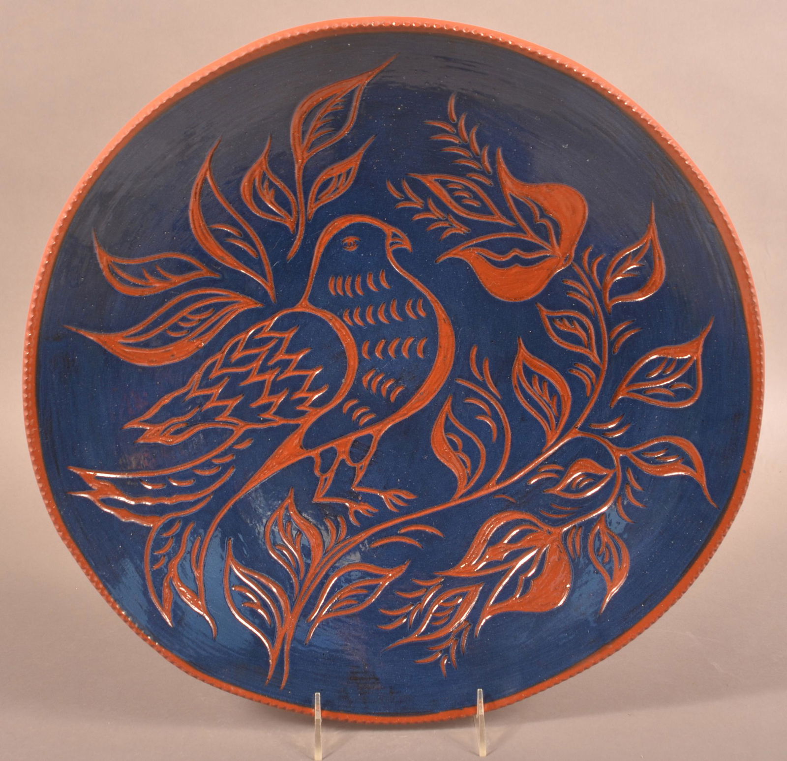 Foltz 1981 Redware Bird Decorated Sgraffito Charger (1 of 2)