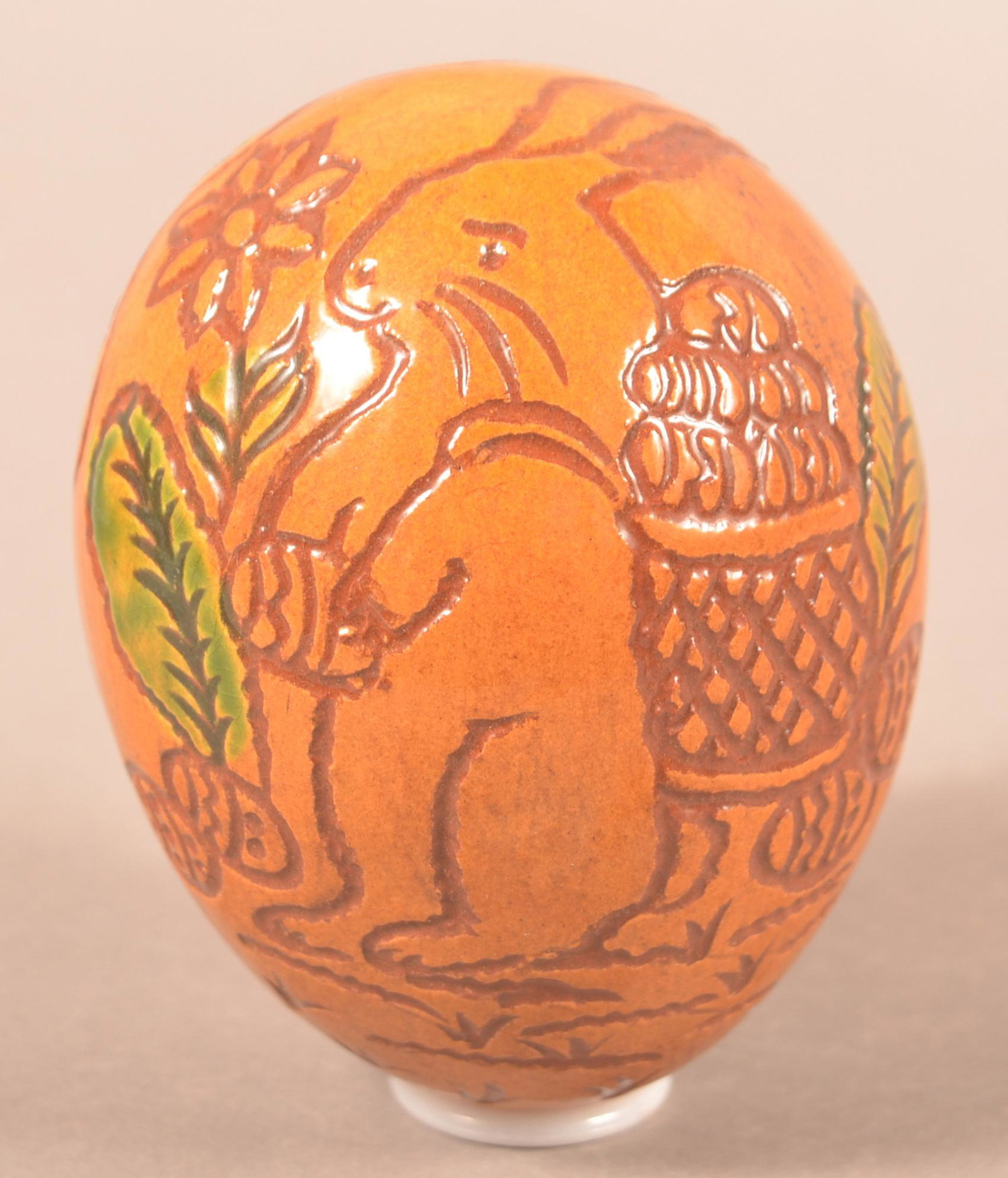 Foltz Redware Incised Rabbit Decorated Egg (1 of 3)