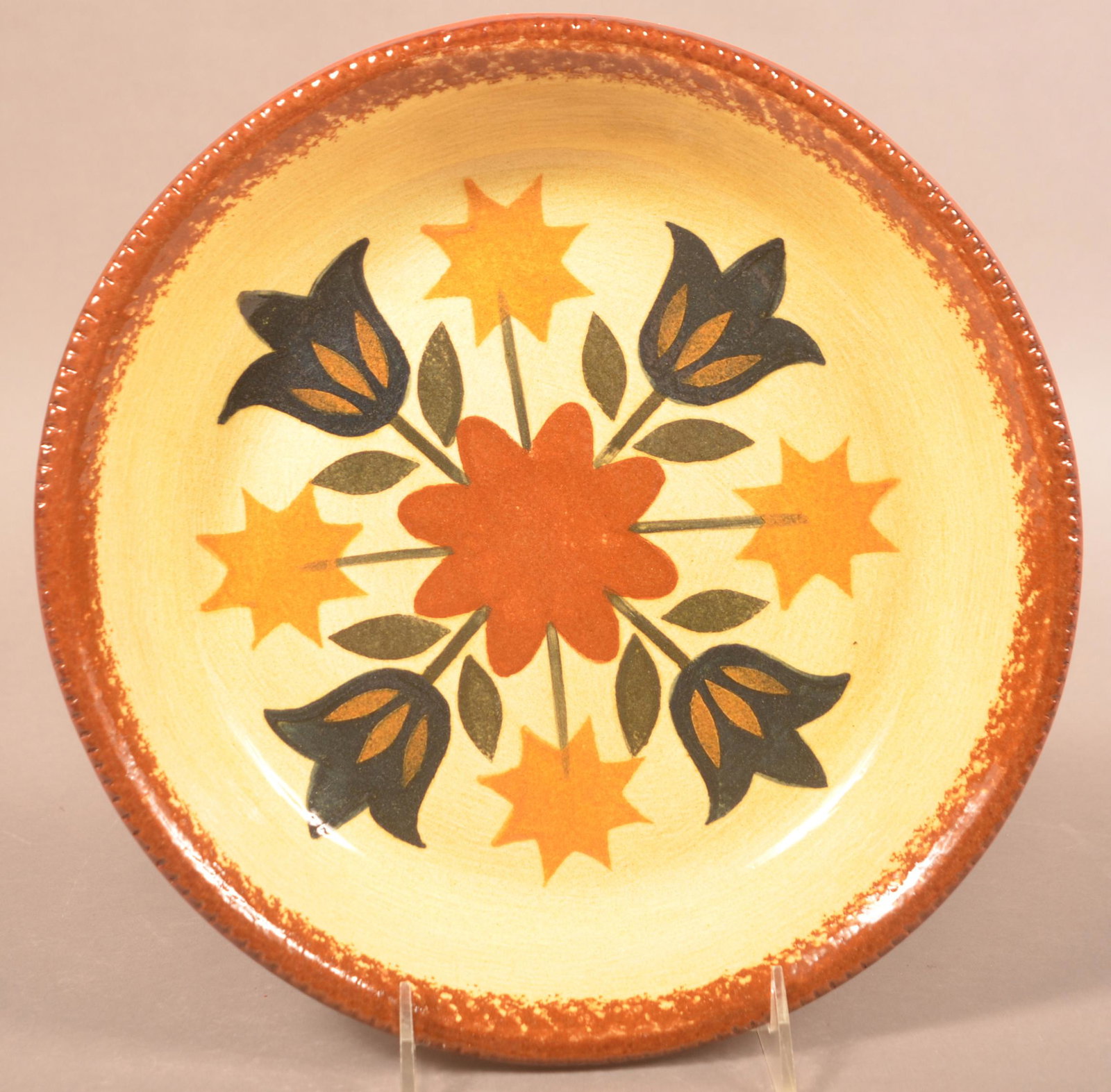 Foltz 1998 Redware Tulip & Star Decorated Plate (1 of 2)