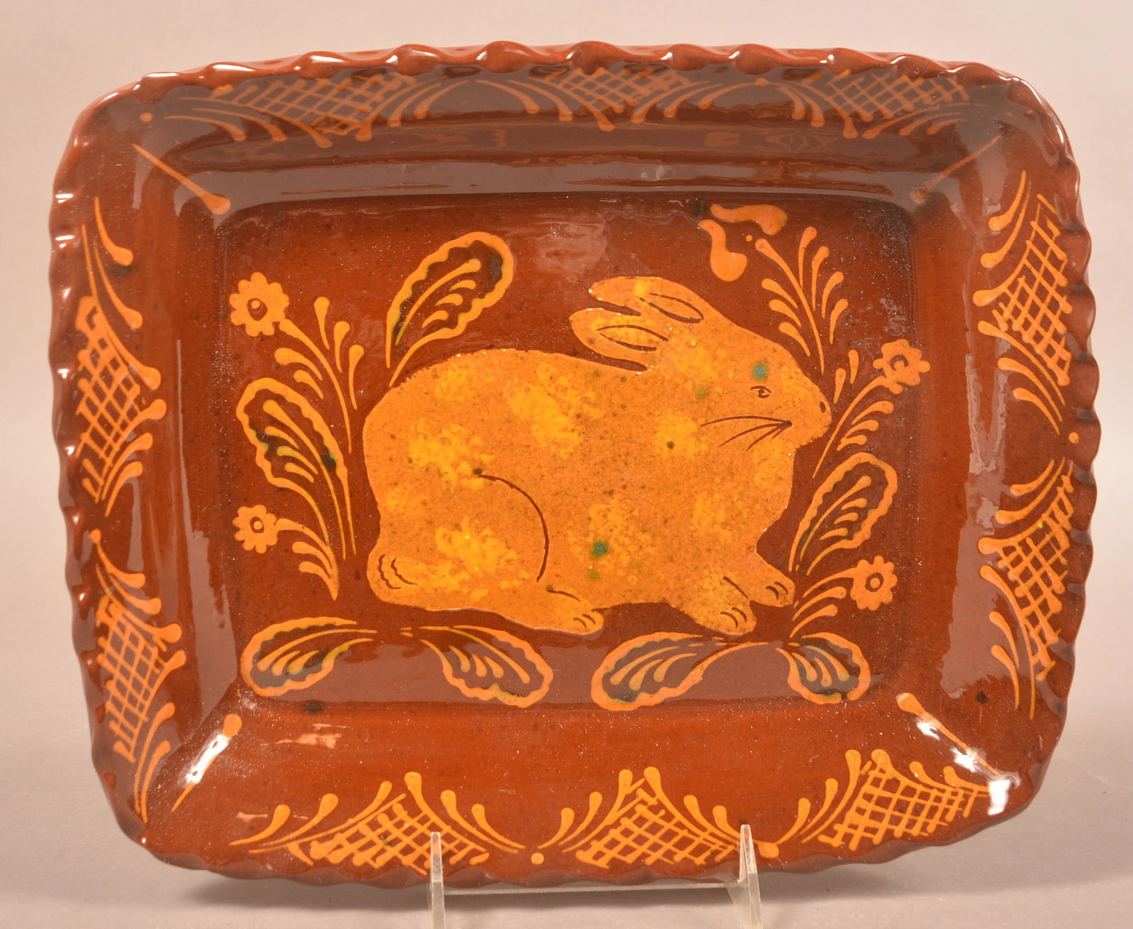 Foltz 2000 Redware Slip Decorated Rabbit & Tulip Platter (1 of 2)