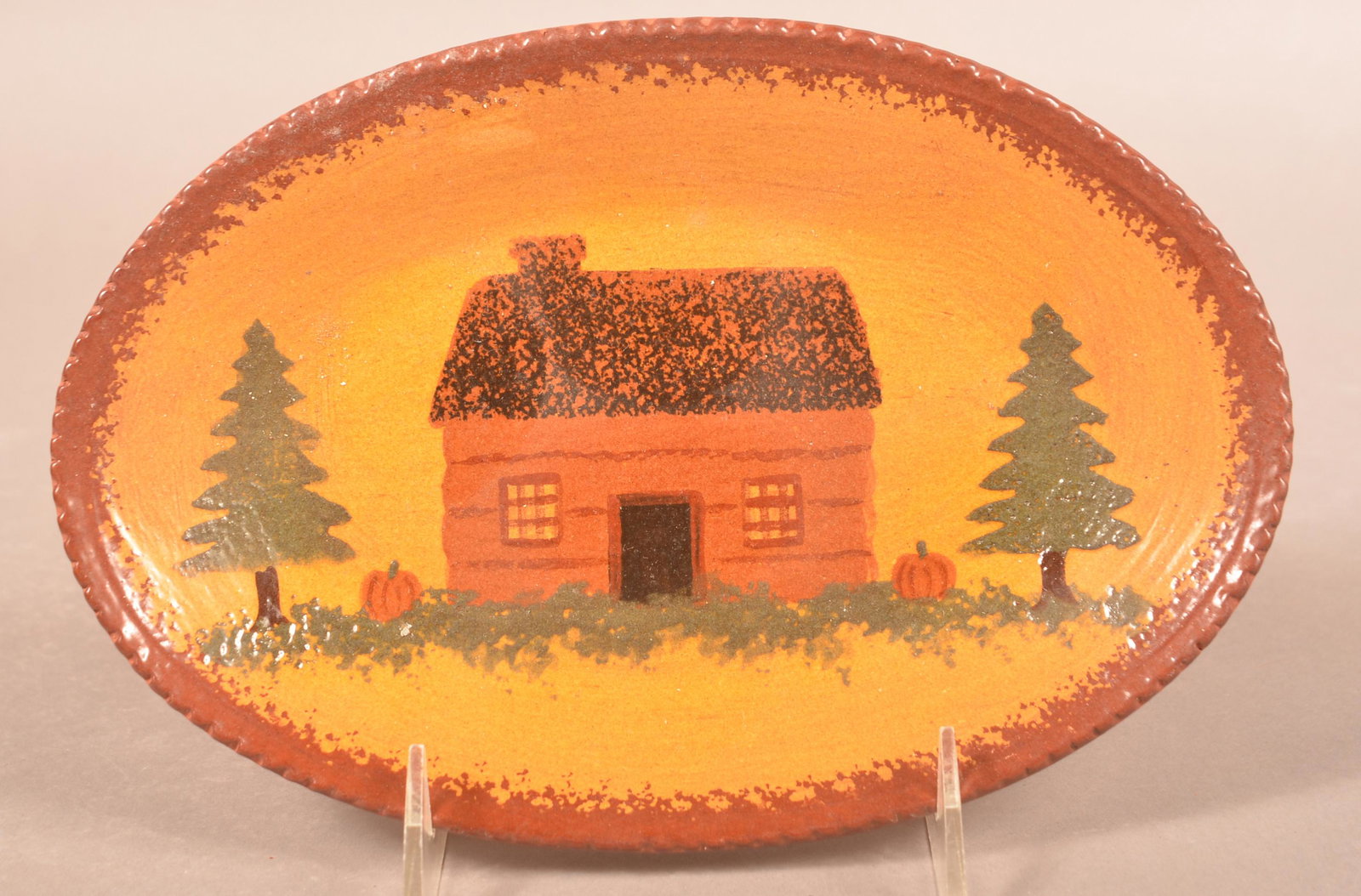Foltz 1999 Oval Redware Cabin Decorated Platter (1 of 2)