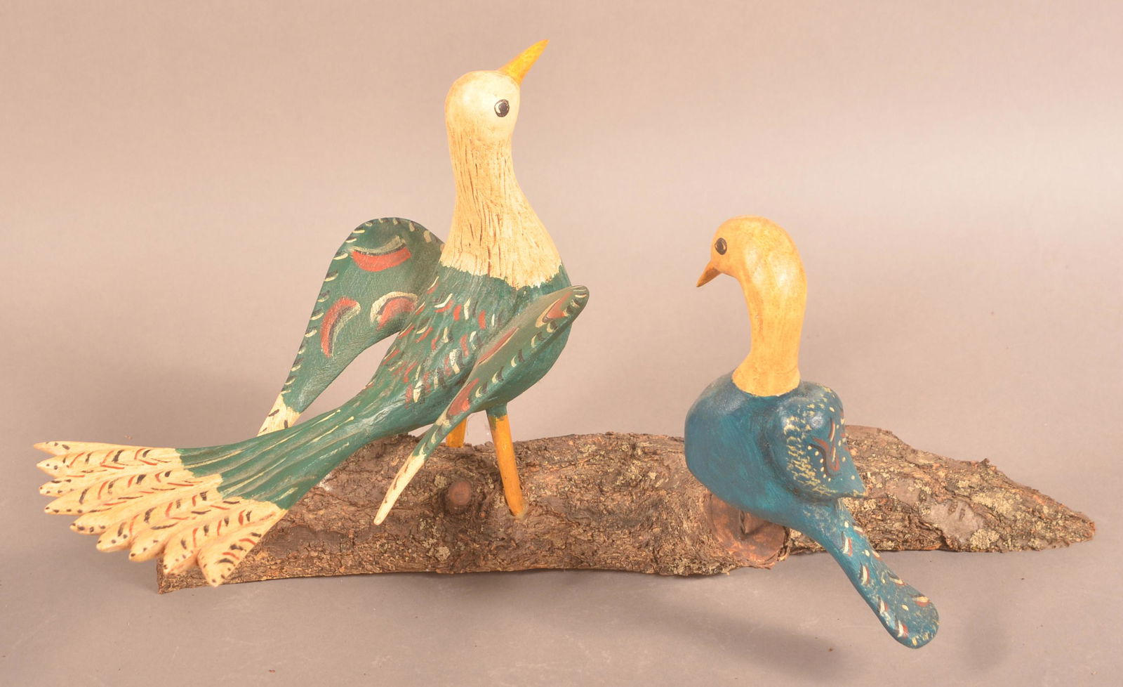 Contemporary Folk Art Carving of Two Birds on Log (1 of 2)