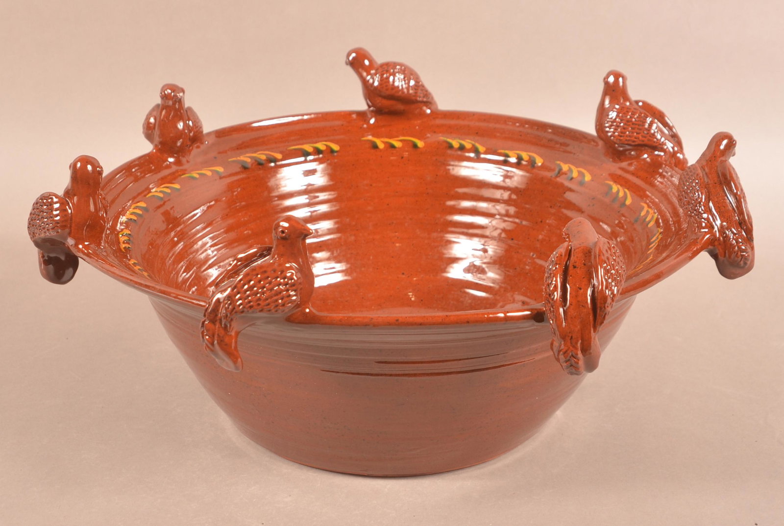 Large Foltz 2005 Redware Bowl with Figural Birds on Rim (1 of 4)