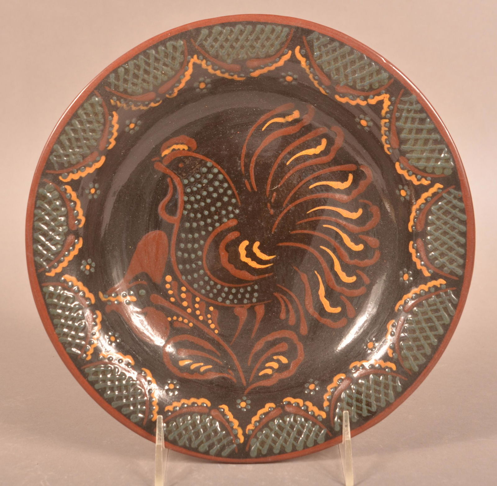 Foltz 2000 Redware Slip Decorated Rooster Plate (1 of 2)