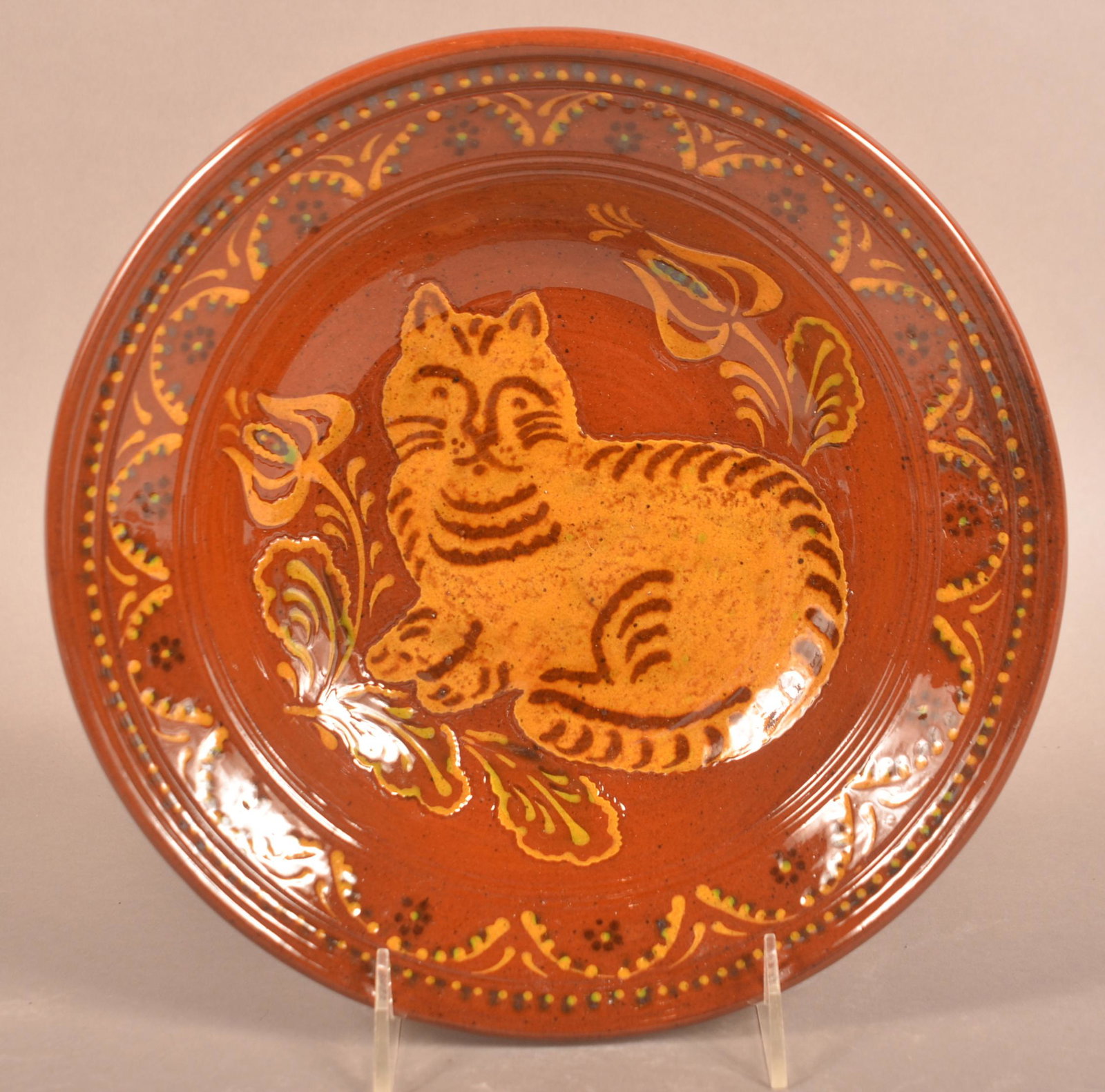 Foltz 2008 Redware Slip Decorated Cat Bowl (1 of 2)