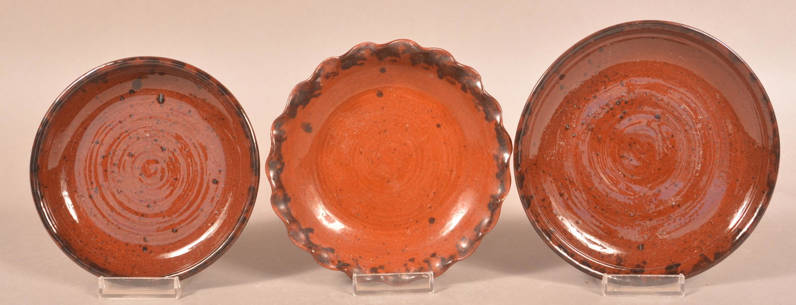 Unsigned Redware Crimped Edge Bowl & (2) Foltz Plates (1 of 2)