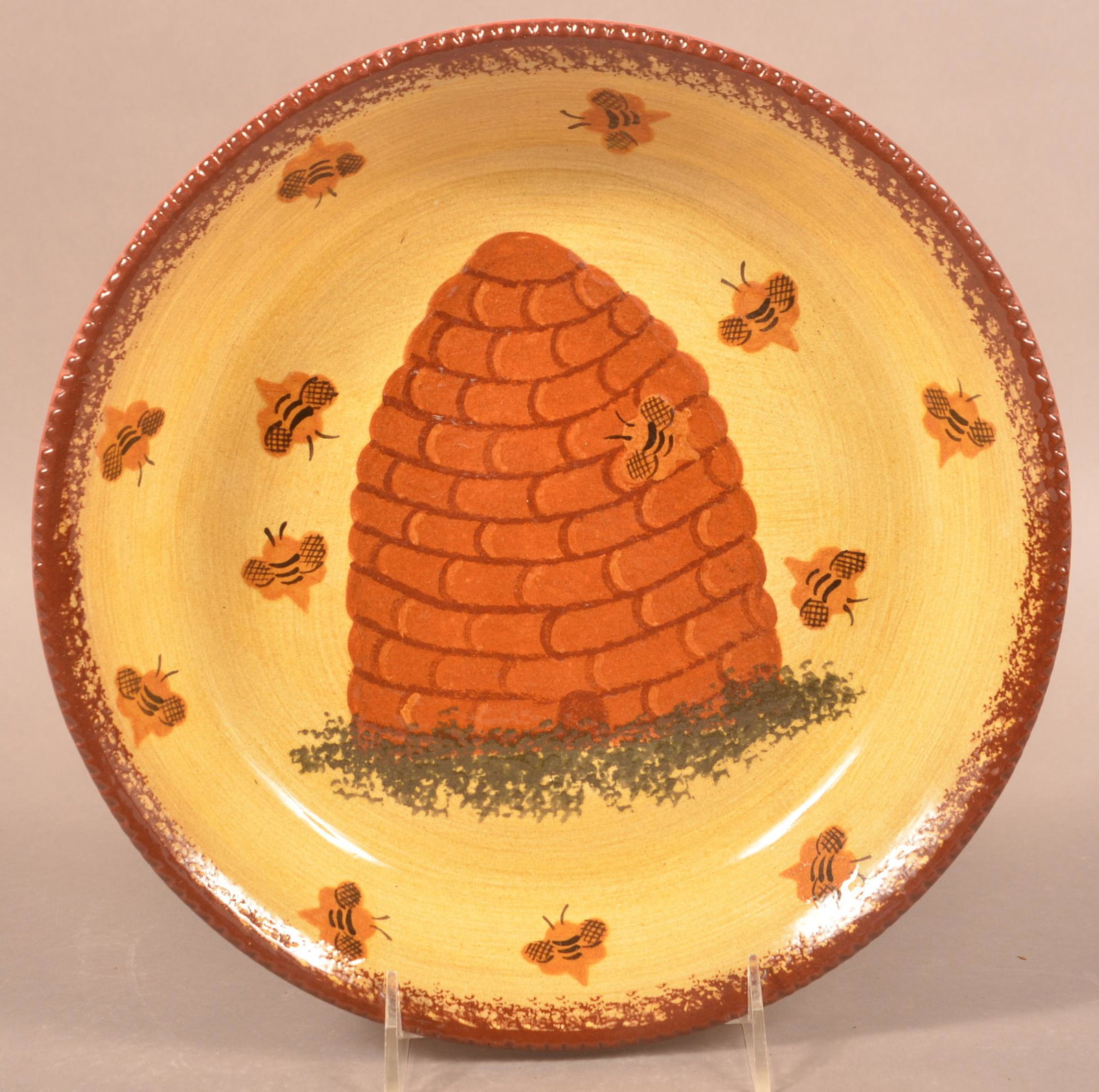 Foltz 1999 Redware Beehive Decorated Pie Plate (1 of 2)