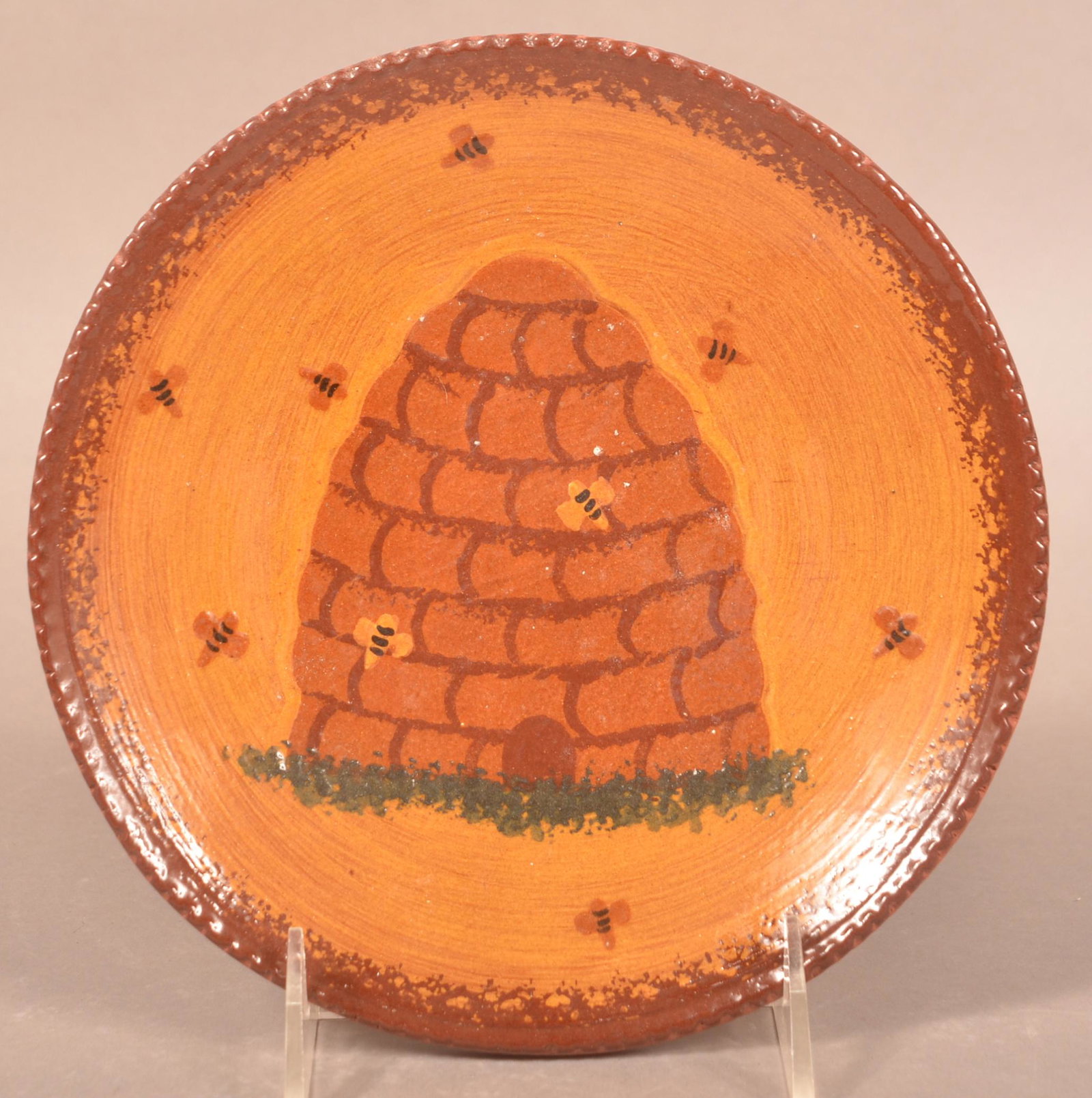 Foltz 1998 Redware Beehive Decorated Plate (1 of 2)
