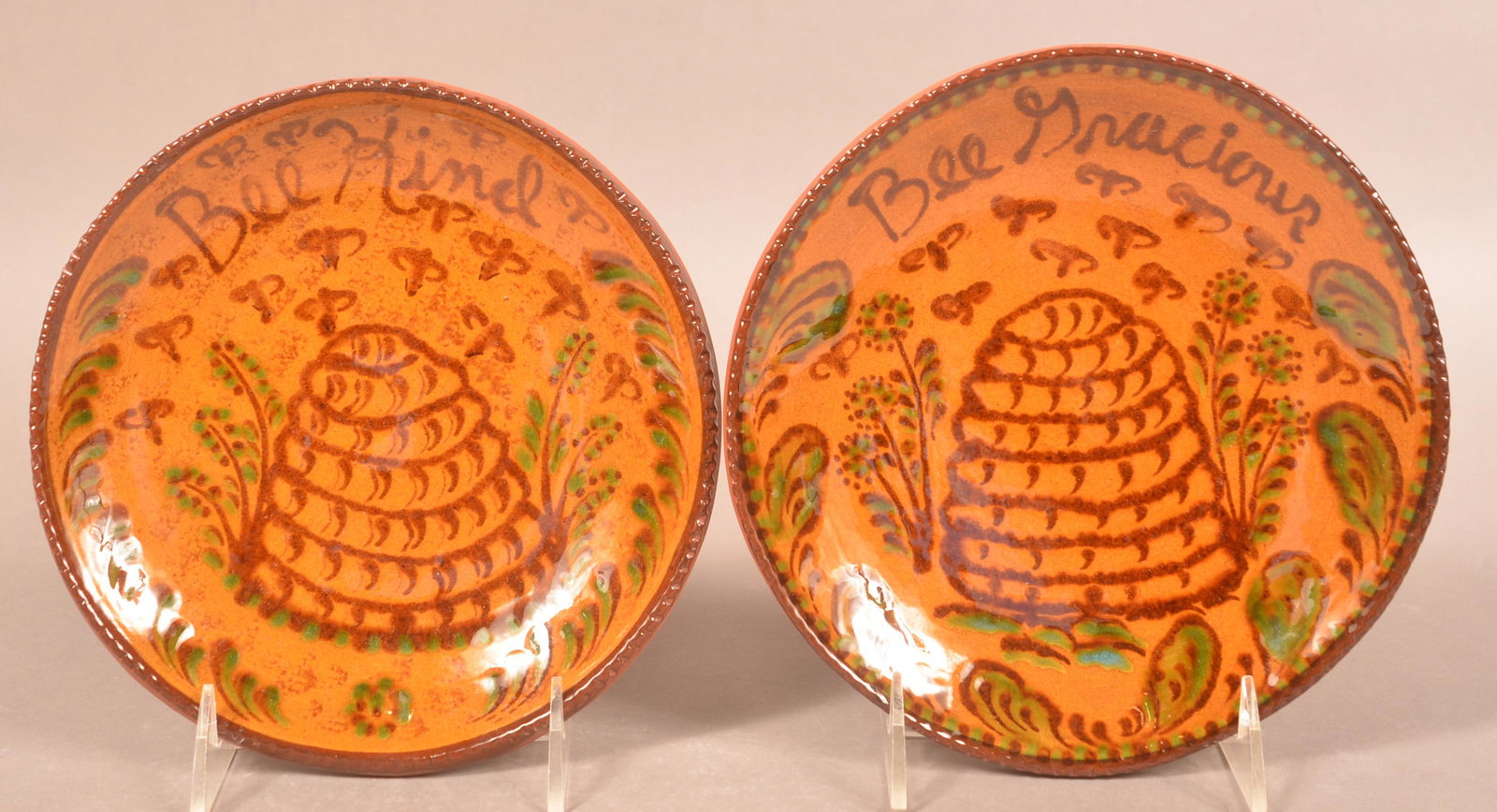 (2) Foltz 2007 Redware Beehive Slip Decorated Plates (1 of 2)