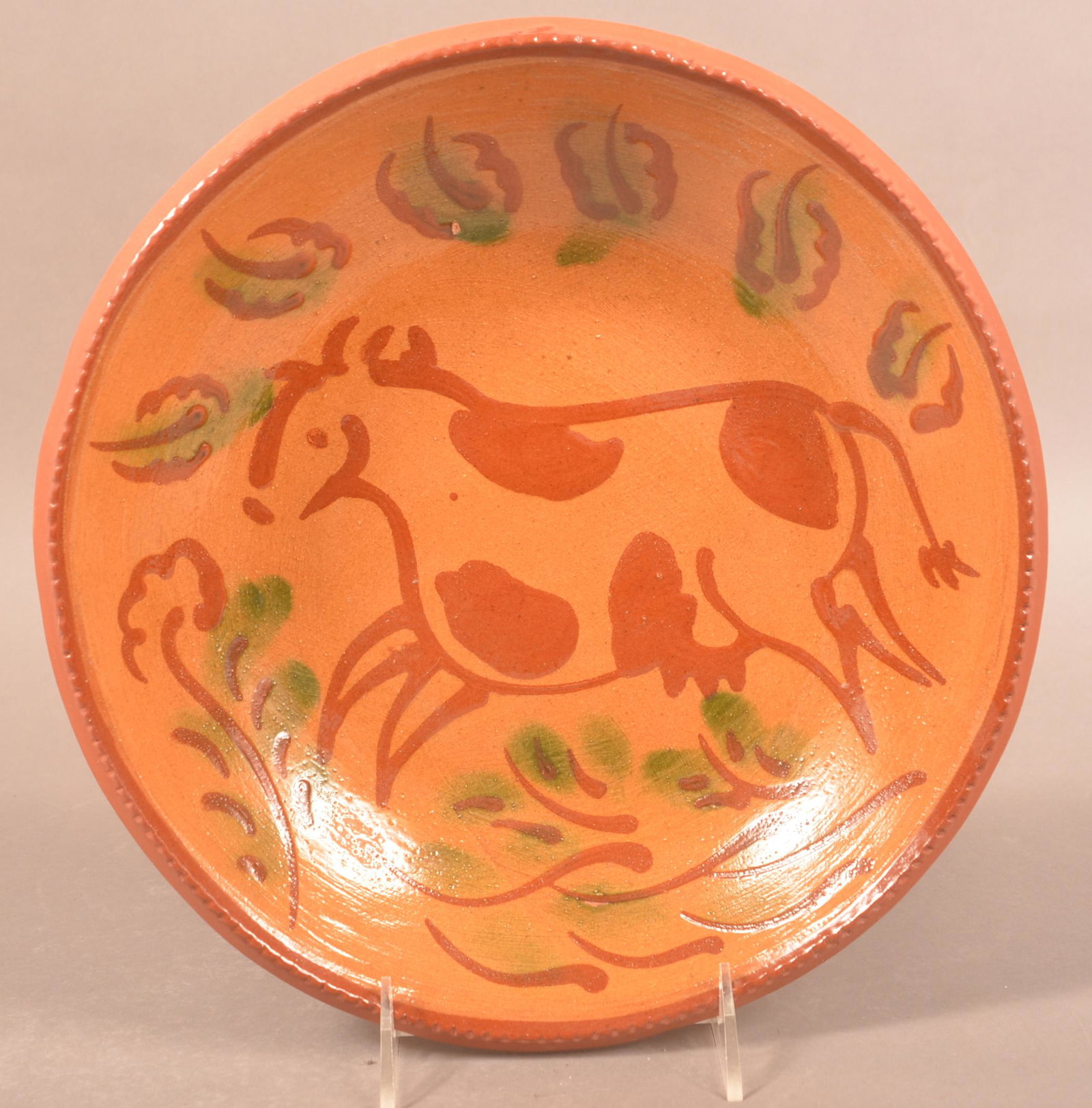 Foltz 1982 Redware Slip Decorated Cow Bowl (1 of 2)