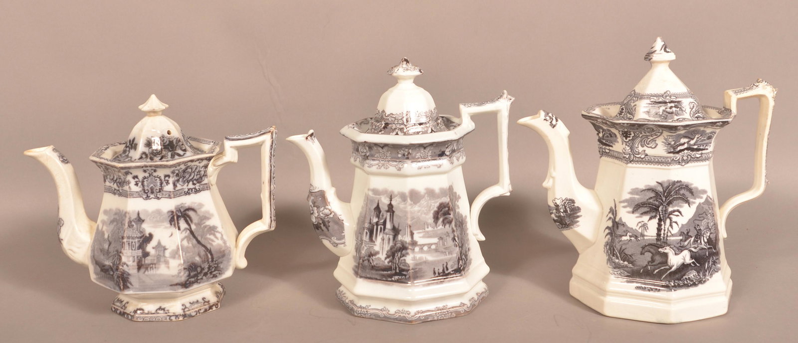 Three Ironstone China Black Transfer Coffee Pots. (1 of 4)