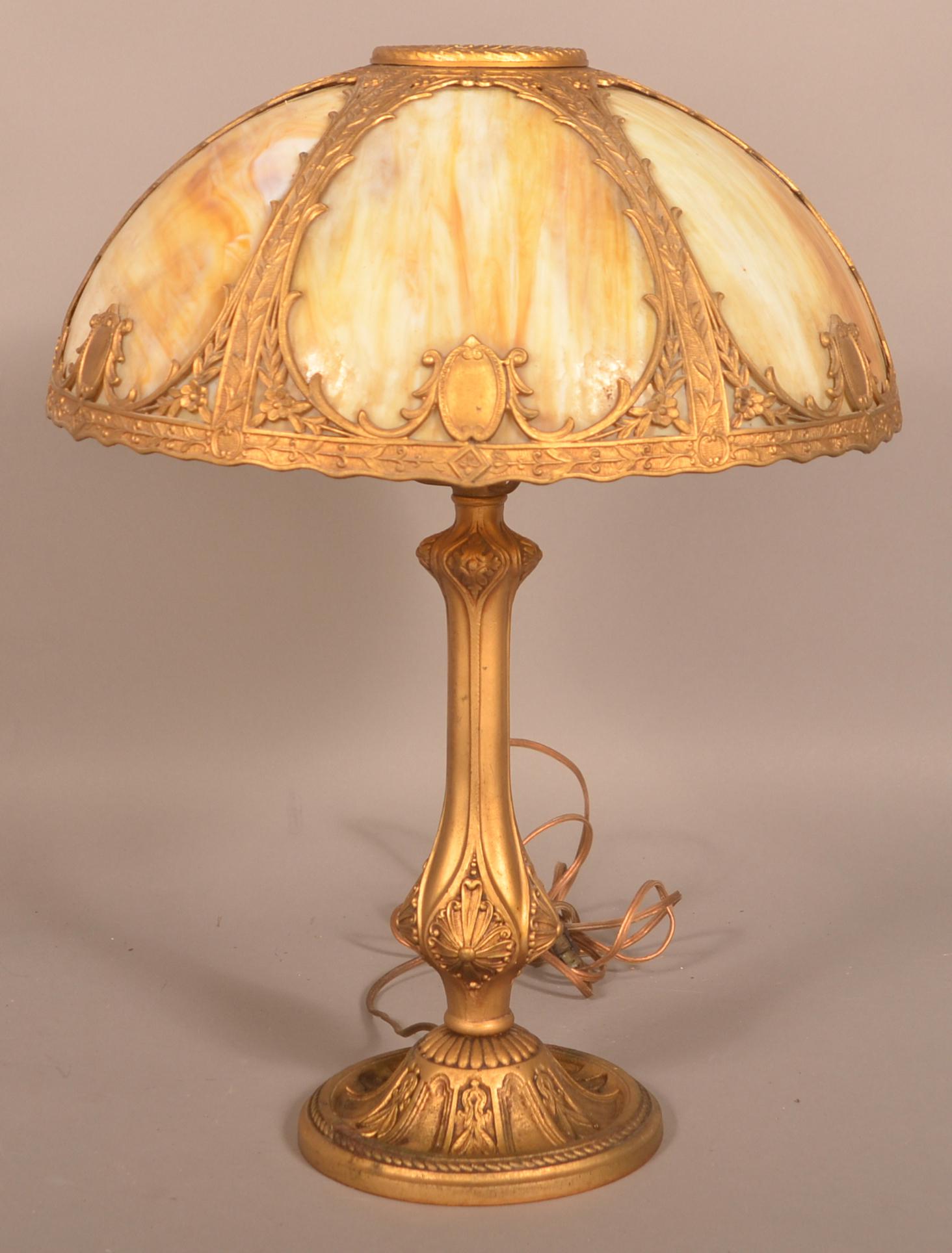 Salem Bros. Antique Caramel Slag Glass Table Lamp.: Salem Bros. Antique Caramel Slag Glass Table Lamp. 21-1/2"h. x 16" diam. Condition: Good with wear.