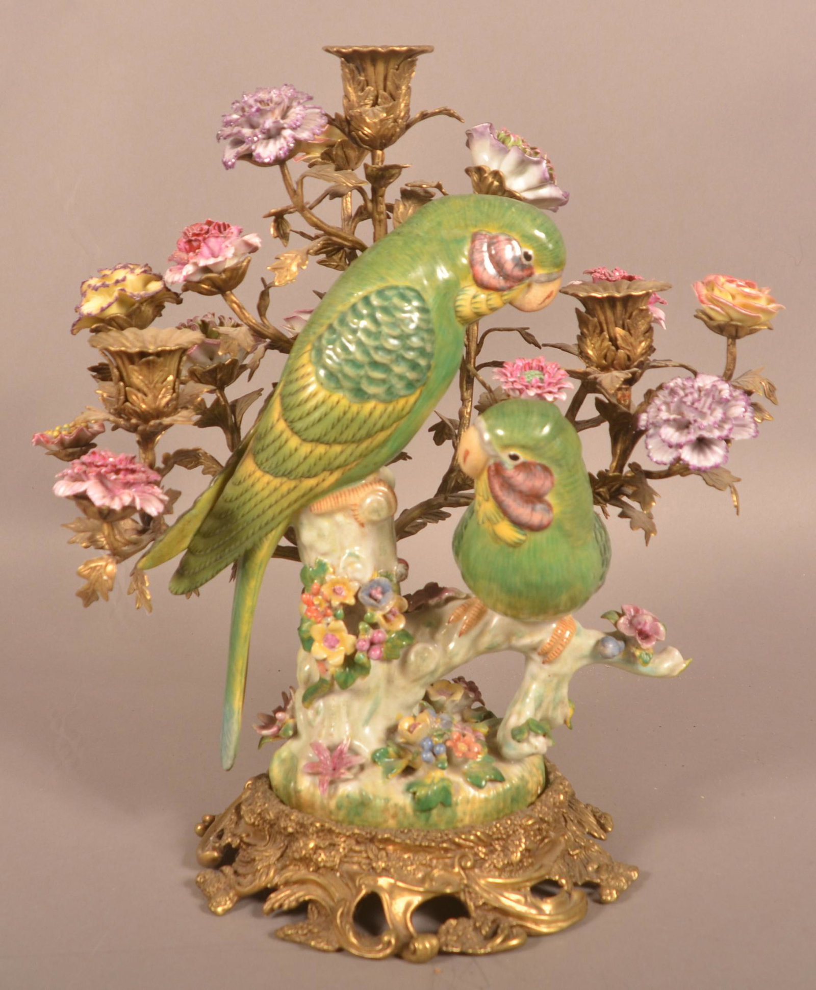 Handpainted Porcelain and Brass Parrot Candelabra. (1 of 3)