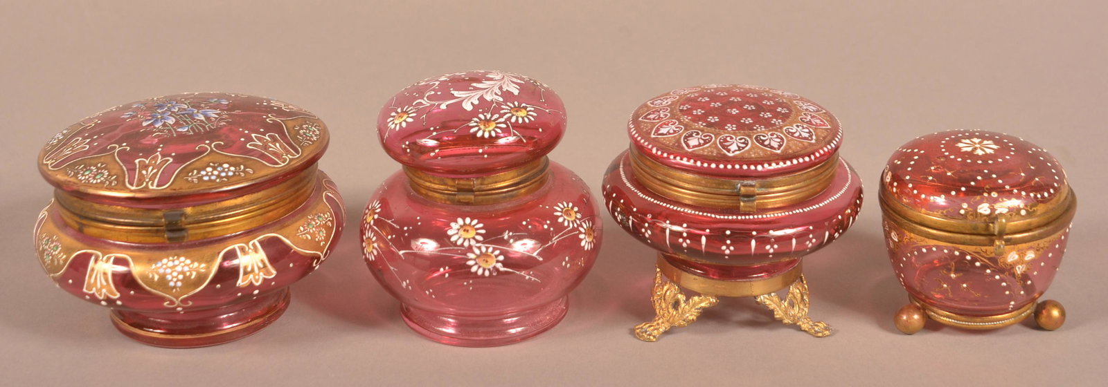 Four Victorian Cranberry Art Glass Bureau Jars. (1 of 4)