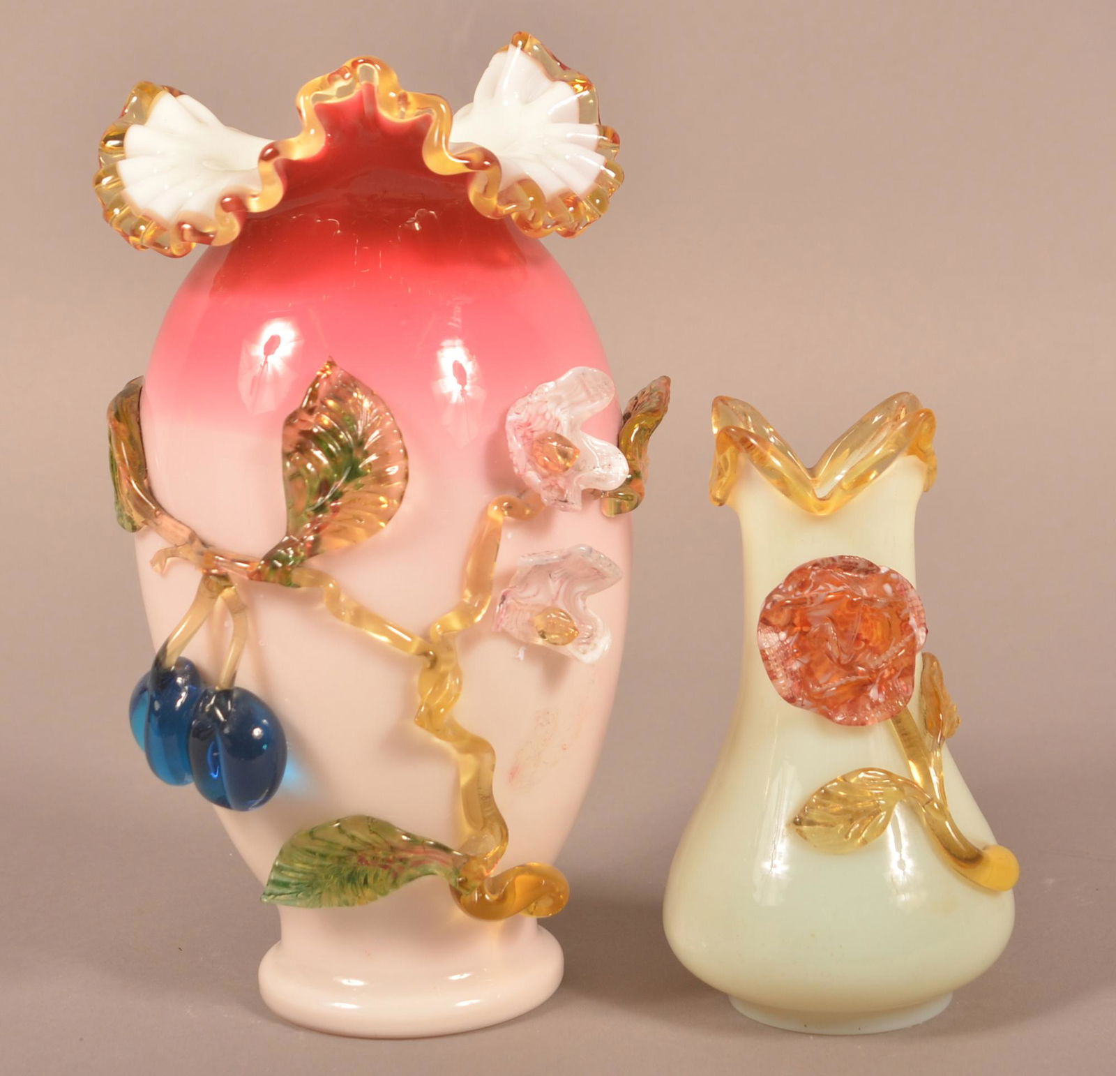 Two Art Glass Vases with Applied Fruit and Flowers. (1 of 4)