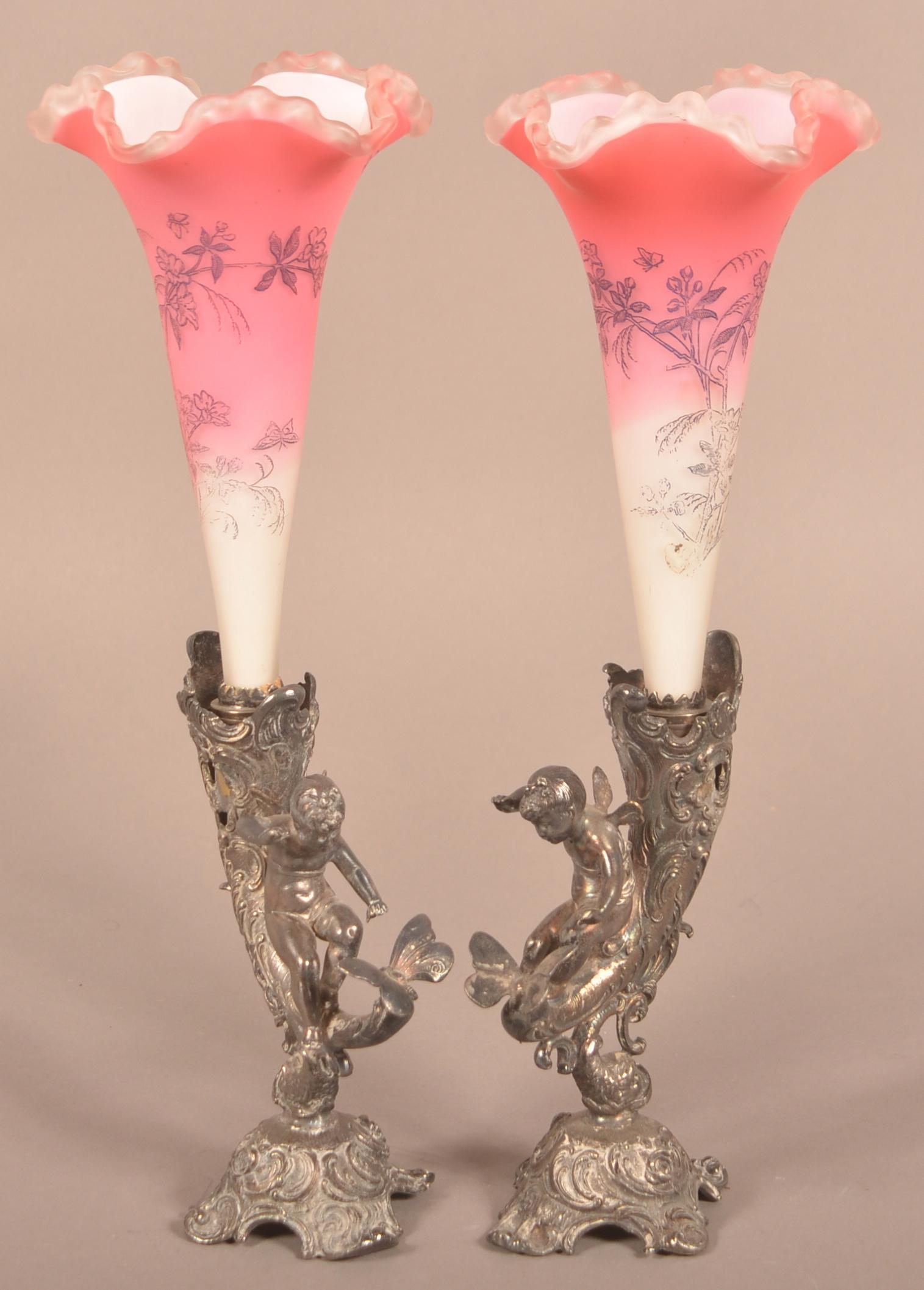 Pair of Antique Cranberry Overlay Glass Vases. (1 of 6)