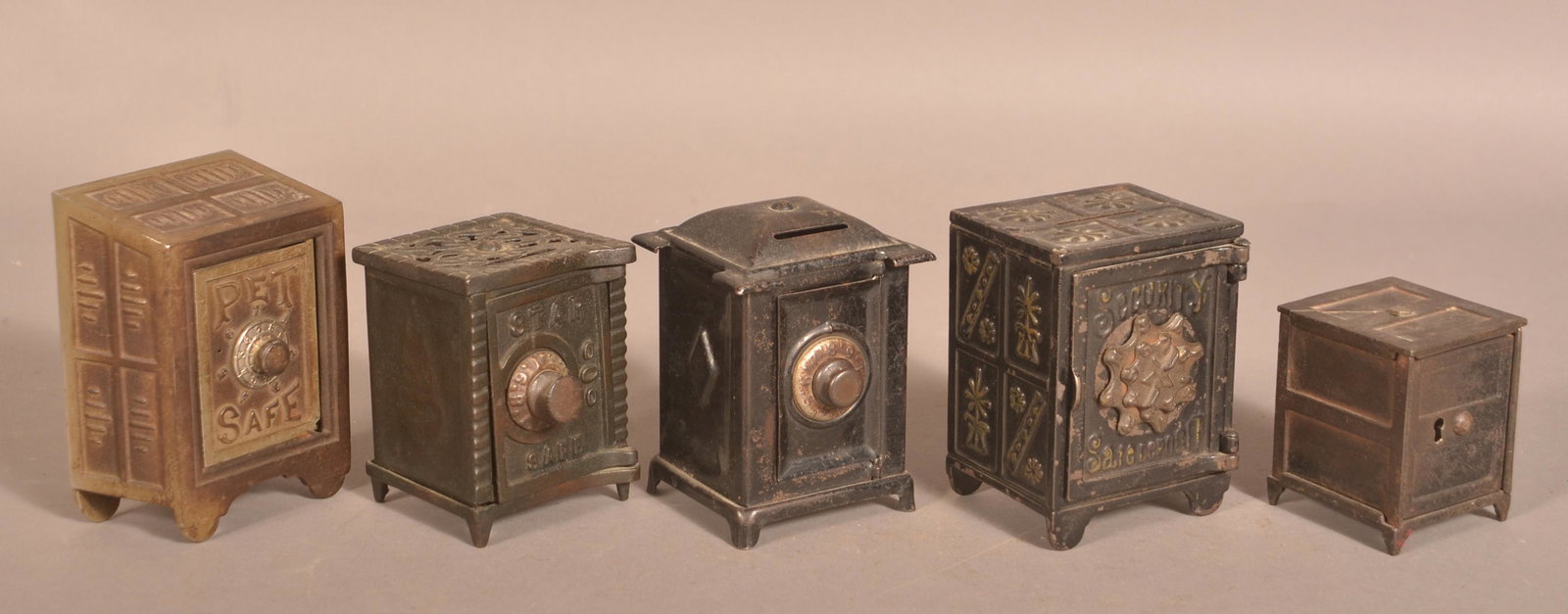 Five Various Antique Cast Iron Safe Still Banks. (1 of 3)