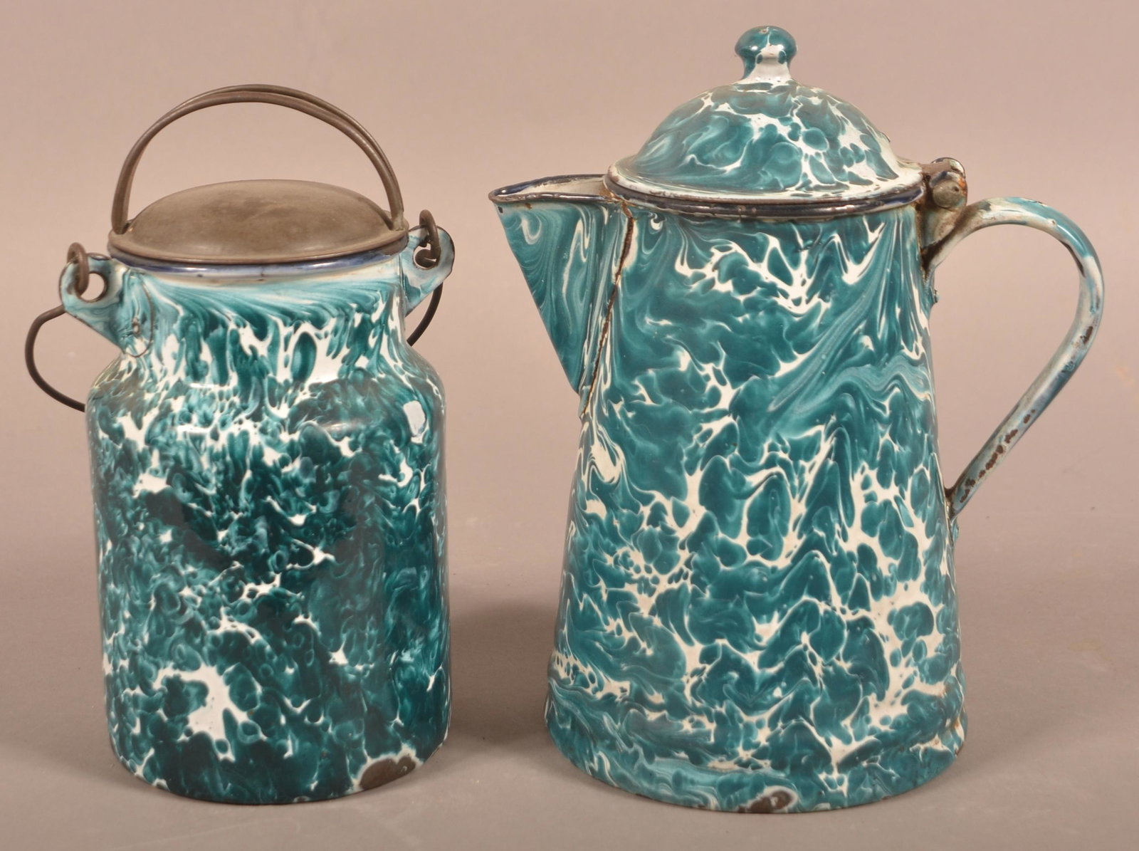 Green & White Medium Swirl "Crysolite" Granite Ware Cream Pail and Coffee Pot. (1 of 4)