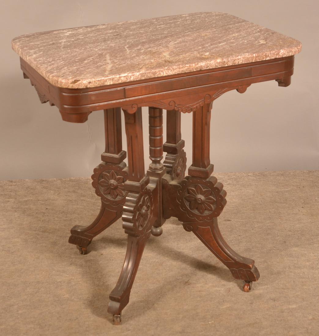 Victorian Carved Walnut Marble-Top Parlor Table. (1 of 2)