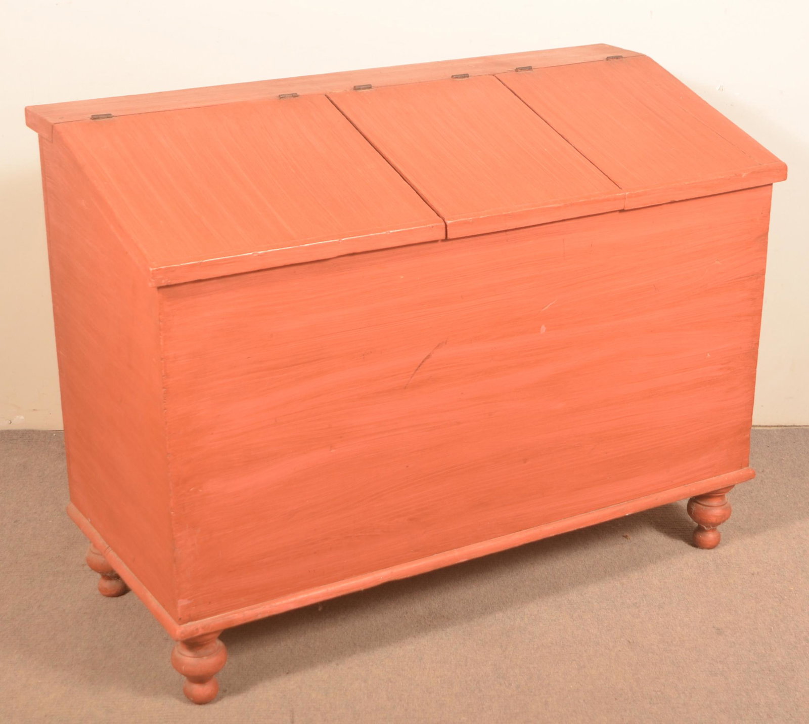 Pennsylvania Country Federal Softwood Feed Chest.: Pennsylvania Country Federal Softwood Feed Chest. Slant-lid with dovetailed construction and original red paint. 34"h. x 45-1/2"w. x 20"d. Condition: Good with wear.