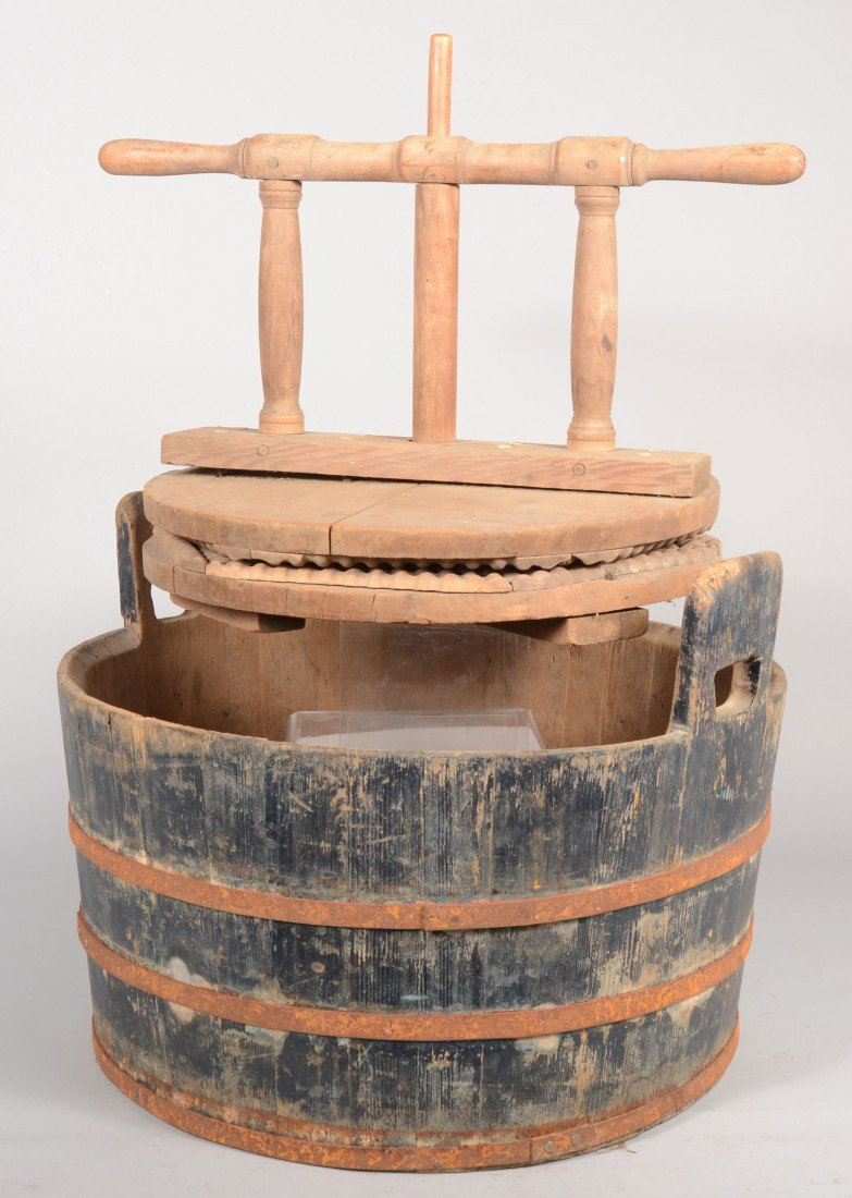 Wood Staved Metal Banded Blue Painted Wash Tub with : Wood Staved Metal Banded Blue Painted Wash Tub with Wooden Clothes Washing Agitator. Tub has carved stave handles. Agitator of two discs with spool turnings between and turned stirrup handle. Tub: 18 