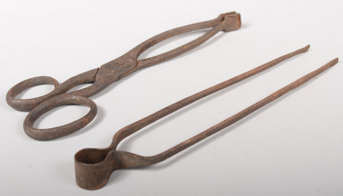Two Wrought Iron Ember Tongs. Tweezer type, 10 3/4: Two Wrought Iron Ember Tongs. Tweezer type, 10 3/4"l. and scissor type with closed grips and pin hinge, 9 3/4"l. Condition: Good with use wear.