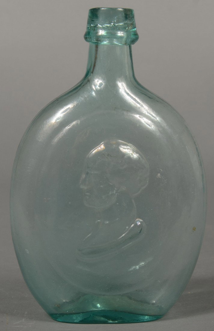 Aquamarine Washington/Sheaf of Rye Portrait Pint F: Aquamarine Washington/Sheaf of Rye Portrait Pint Flask, (McKearin Gl-58), Dyottsville Glass Works, Phila., applied collared mouth, rough pontil mark. 7 3/8" high. Condition: good.