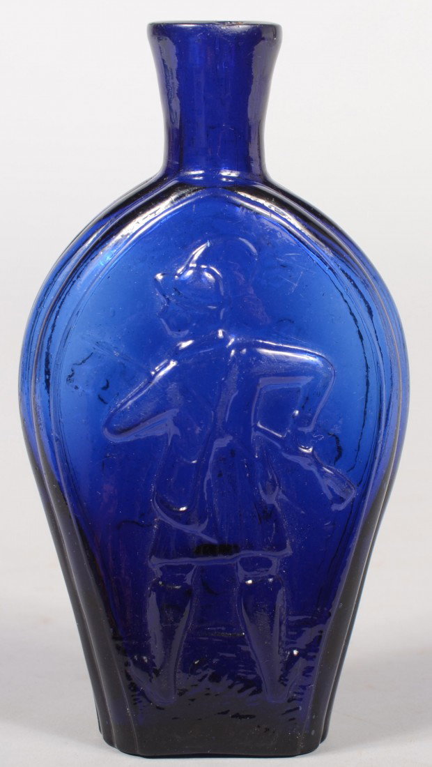 Cobalt Blue Glass Pictorial Half Pint Flask with f: Cobalt Blue Glass Pictorial Half Pint Flask with full back-side view of Hunter with long rifle on obverse and grape and leaf vine on reverse. Vertical ribs, plain flared lip and pontil mark. 6 7/8" hi