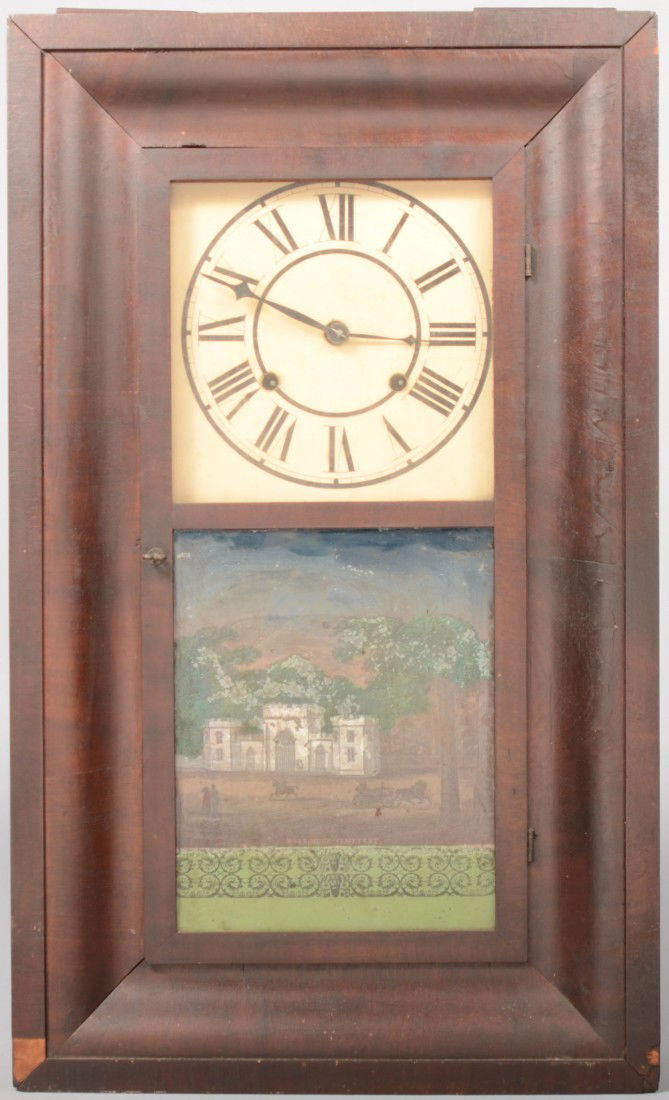 Mahogany Veneered Shelf Clock. Backboard label: "M: Mahogany Veneered Shelf Clock. Backboard label: "M. W. Watkins & Co., Bristol, Conn." Key wound, double weight driven pendulum clock with coil gong. Ogee molded case front with reverse glass image tit
