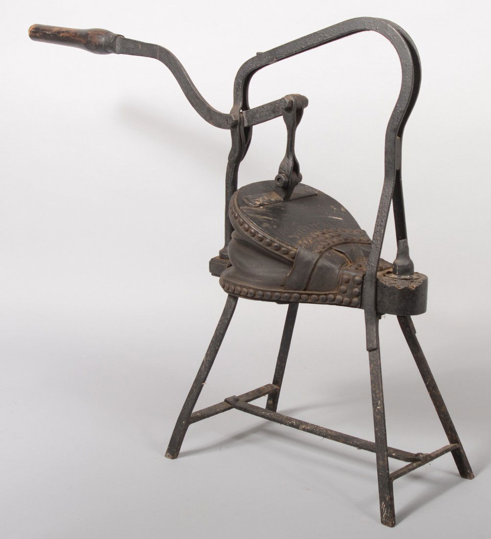 Free Standing Forge Bellows. Strap iron frame of f: Free Standing Forge Bellows. Strap iron frame of four legs with leather and tack bound wood bellows. Frame continues upward to provide support and hinge for a wood handled iron pump lever. Top bellows