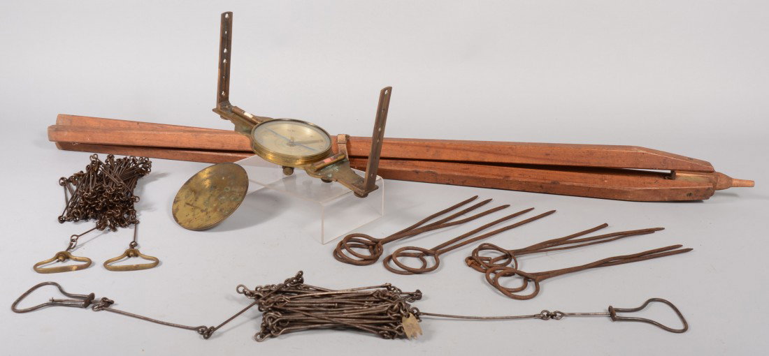 Surveyor Kit. Brass compass with cover, verticals : Surveyor Kit. Brass compass with cover, verticals and spirit levels. Marked: "F. W. & R. King, Baltimore." 15 1/4"l., verticals, 7 1/2"h. Along with a all wood tripod, two sets of chains, one with bra