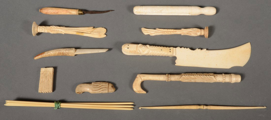 Group of Carved Ivory and Bone Implements. A decor: Group of Carved Ivory and Bone Implements. A decorative ivory knife, 7 1/2"l.; an ivory cloth pin, 4 7/8"l.; small knife, 4 1/2"l.; 2 part double crochet hook, 7"l.; bone handled iron tool, 4 1/2"l.; 