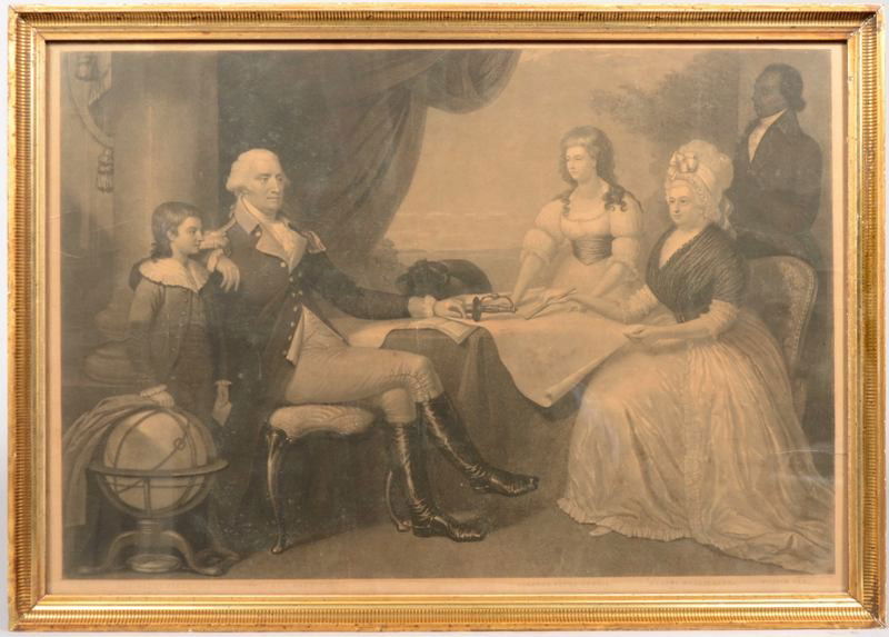 First Family Portrait: First Family Portrait of General George Washington, grandson, granddaughter and wife Martha. Mezzotint on paper from a painting by Edward Savage, c. 1796. Engraved by John Sartain, c. 1864. Mounted in