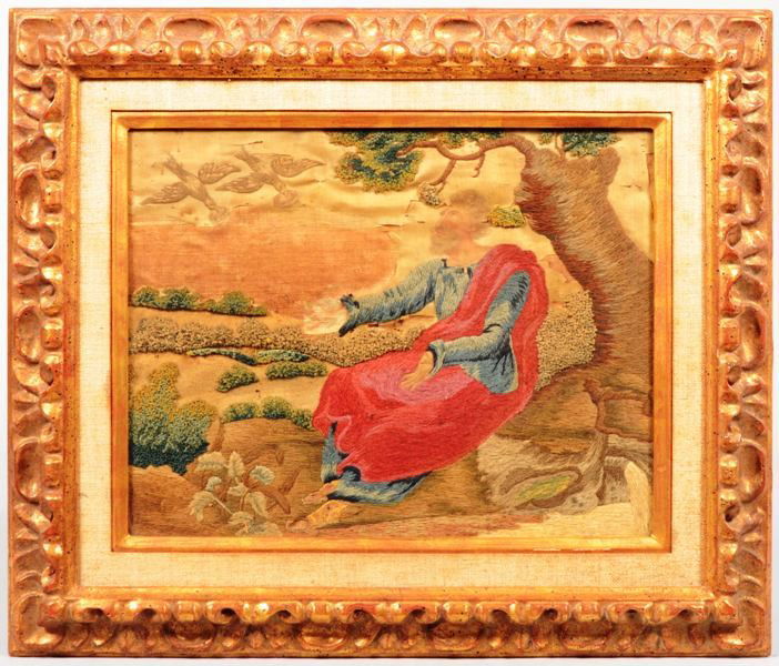 Elizabethan Biblical Stump work Composition. Elija: Elizabethan Biblical Stump work Composition. Elijah being fed in the desert by ravens, 1st Kings, 12. Polychrome thread and yarns embroidered on silk. Exhibited in a carved and gold painted wood frame