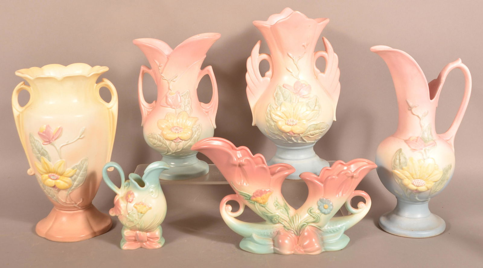 Six Pieces of Floral Pattern Hull Art Pottery. (1 of 4)