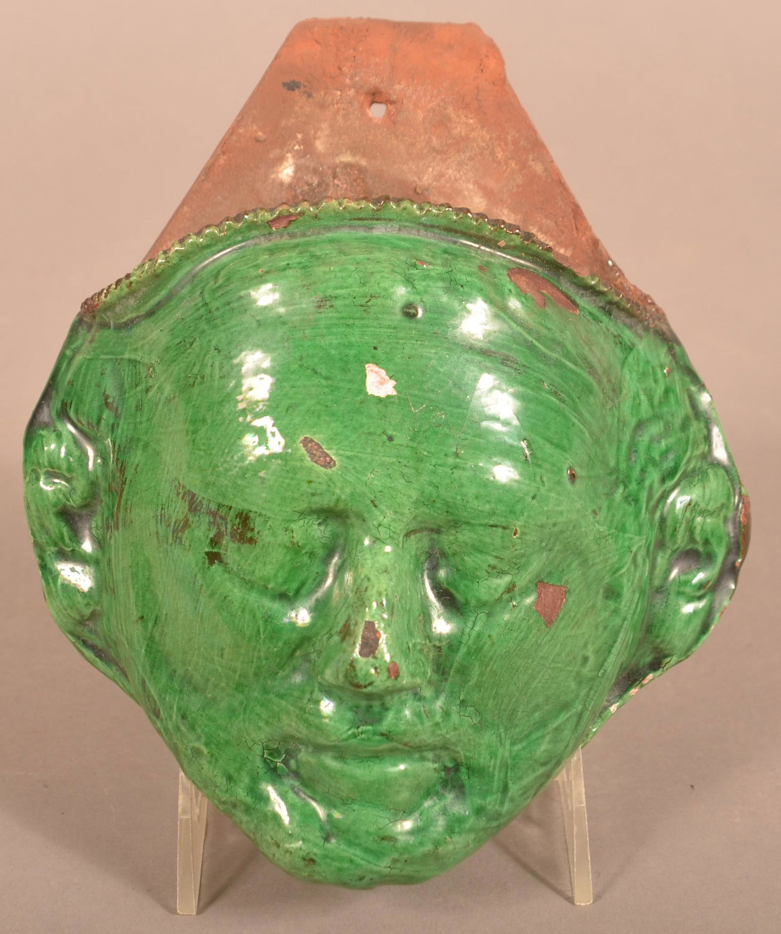 Spinach Glazed Redware Mask-Form Wall Pocket. (1 of 4)