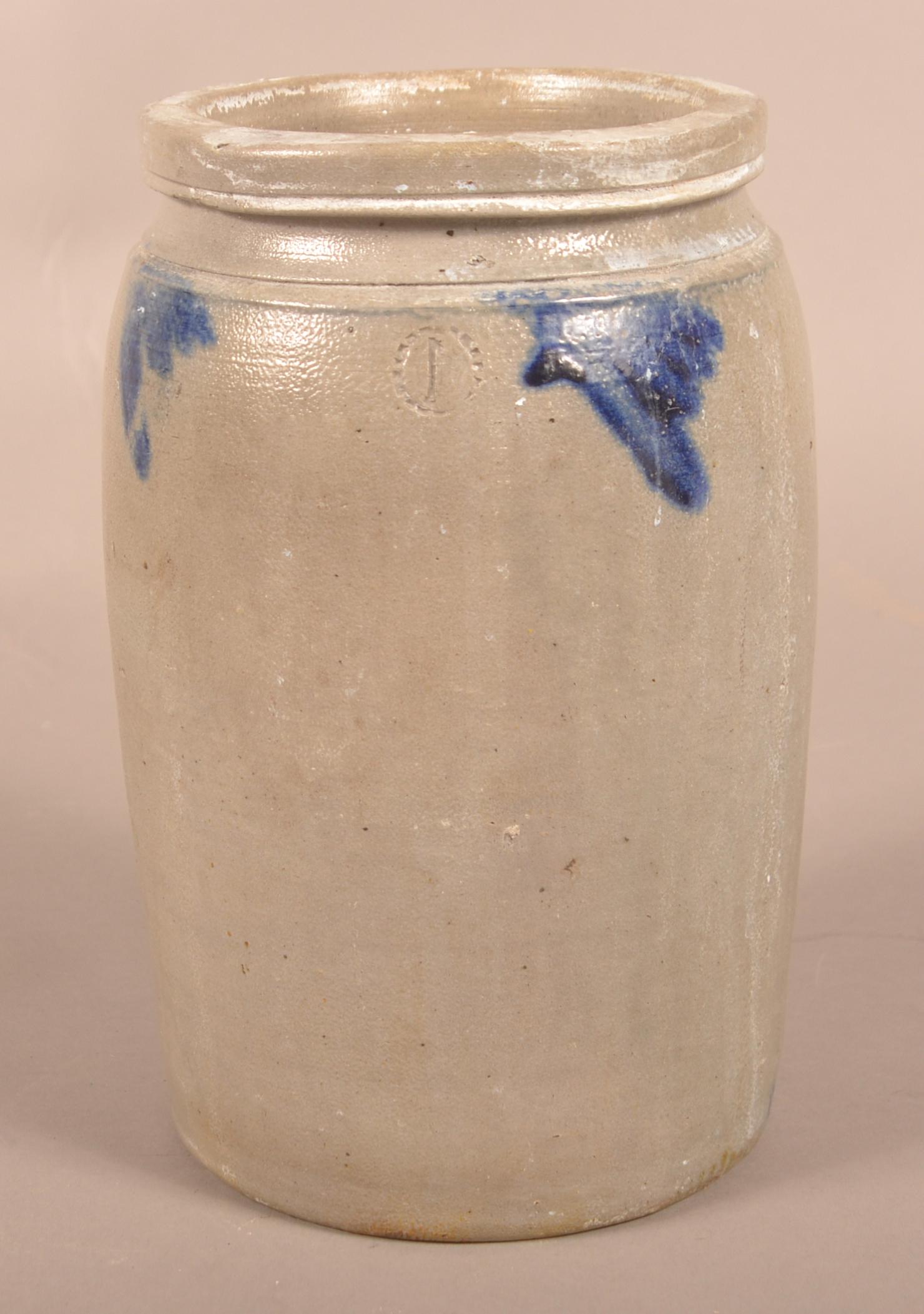 Unsigned Remmey Stoneware Jar with Blue Foliate Slip. (1 of 3)