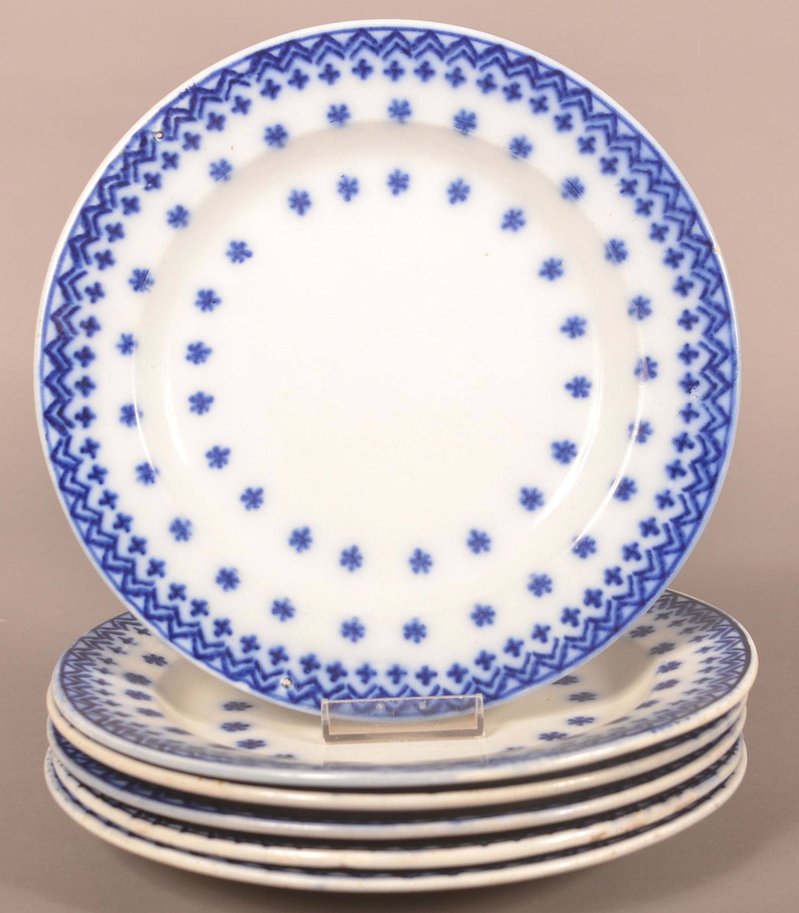 Six Antique Flow Blue Ironstone "Snowflake" Plates. (1 of 2)