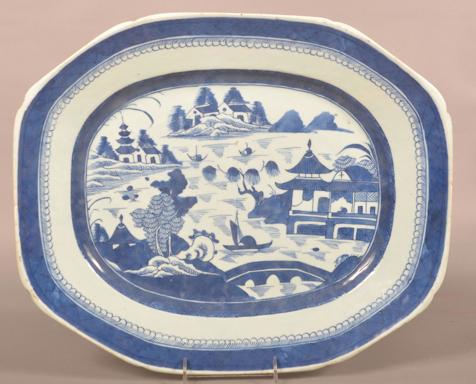Antiq. Canton Blue and White Oriental Porcelain Platter. (1 of 2)