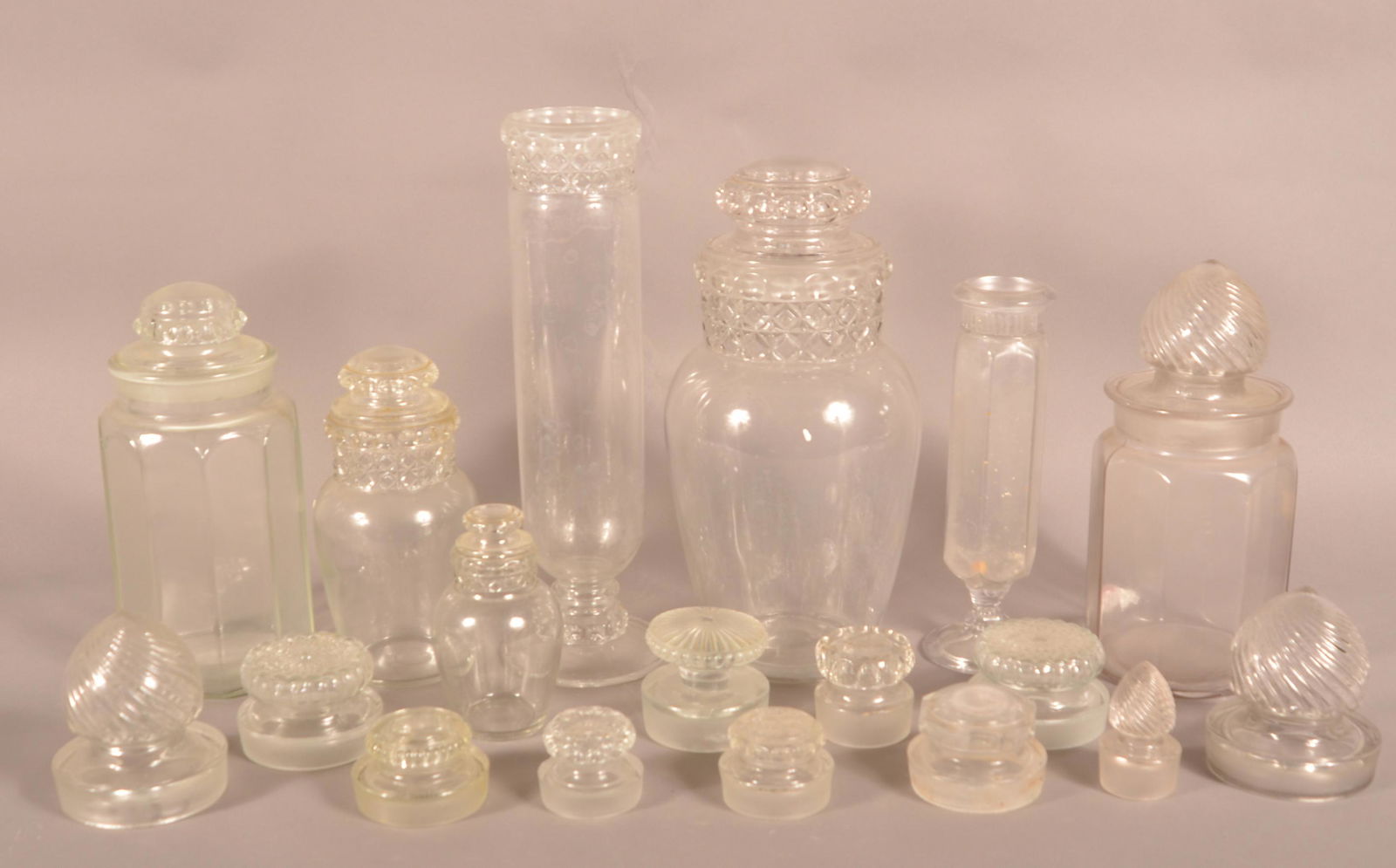 Lot of Antique Colorless Glass Apothecary Jars and Lids. (1 of 1)