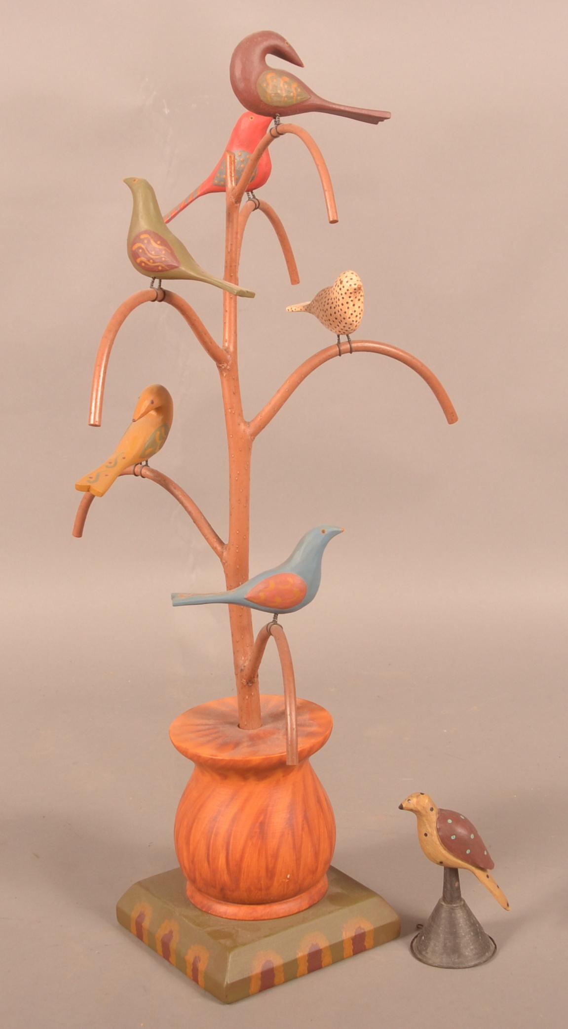 A. Kohr 2014 Folk Art Bird Tree and an Unsigned Bird. (1 of 5)
