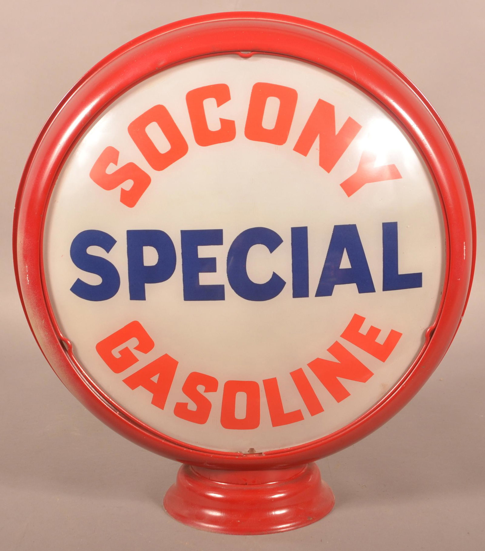 "Socony Special Gasoline" Milk Glass Globe.: "Socony Special Gasoline" Milk Glass Globe. Metal frame. 19"h. x 17"w.