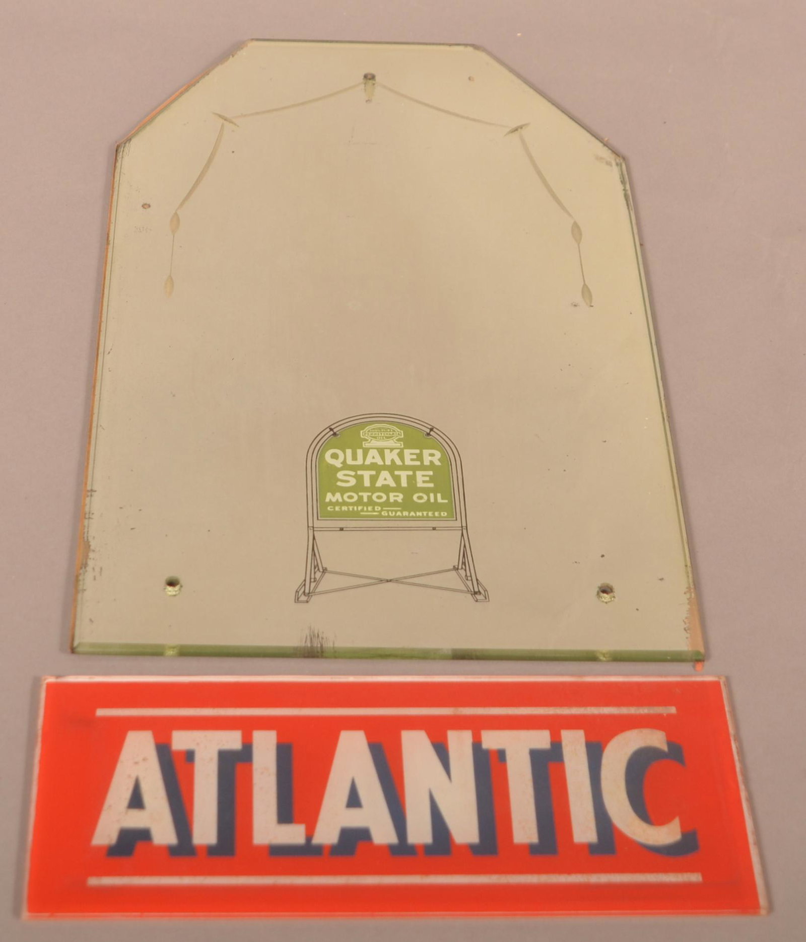 "Quaker State" Mirror and "Atlantic" Glass Plate.: "Quaker State" Mirror and "Atlantic" Glass Plate. Mirror: 18" x 10".